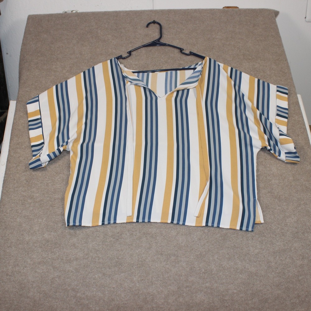 Joh. Striped Short Sleeve V-Neck‎ Blouse Mustard Blue White Small